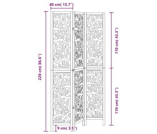 Biombo separador de 3 paneles madera maciza Paulownia negro