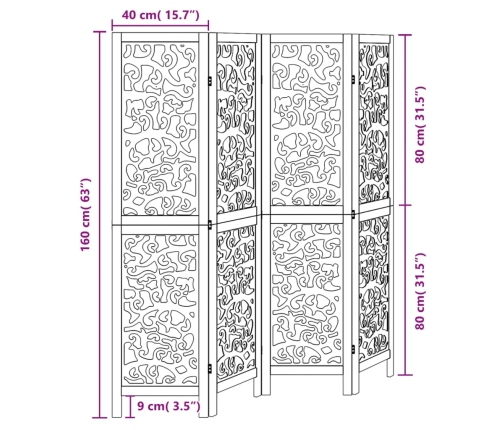 Biombo separador de 4 paneles madera maciza Paulownia negro