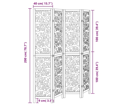 Biombo separador de 4 paneles madera maciza Paulownia negro