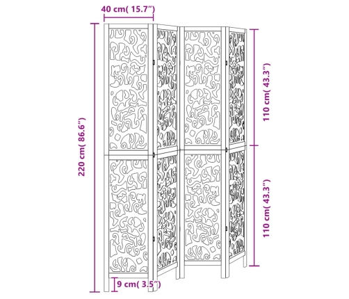 Biombo separador de 4 paneles madera maciza Paulownia negro