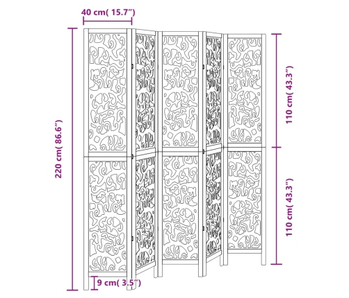Biombo separador de 5 paneles madera maciza Paulownia negro