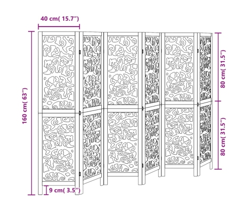 Biombo separador de 6 paneles madera maciza Paulownia negro