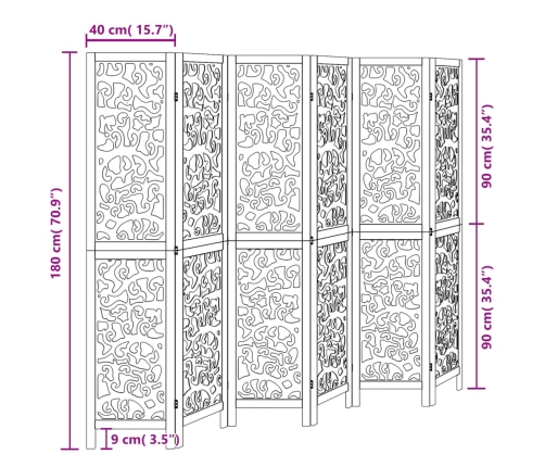 Biombo separador de 6 paneles madera maciza Paulownia negro