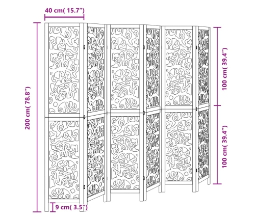 Biombo separador de 6 paneles madera maciza Paulownia negro