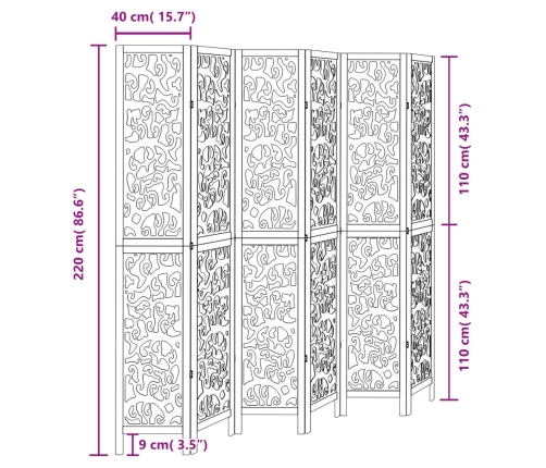 Biombo separador de 6 paneles madera maciza Paulownia negro