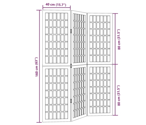 Biombo separador de 3 paneles madera maciza Paulownia negro
