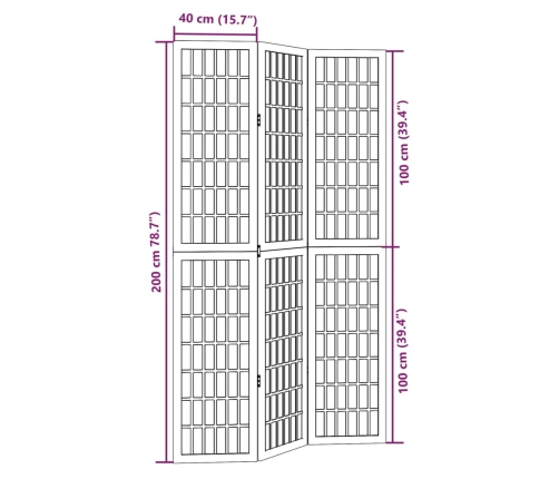 Biombo separador de 3 paneles madera maciza Paulownia negro