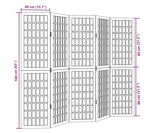 Biombo separador de 5 paneles madera maciza Paulownia blanco