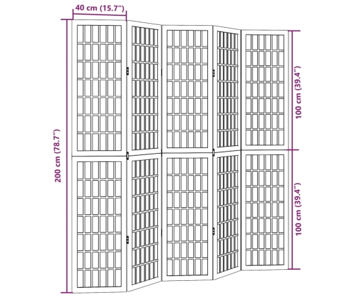 Biombo separador de 5 paneles madera maciza Paulownia blanco
