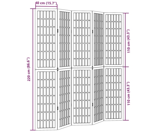Biombo separador de 5 paneles madera maciza Paulownia blanco