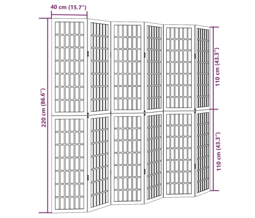 Biombo separador de 6 paneles madera maciza Paulownia blanco