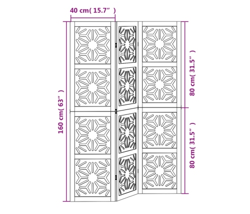 Biombo separador 3 paneles madera maciza Paulownia marrón negro