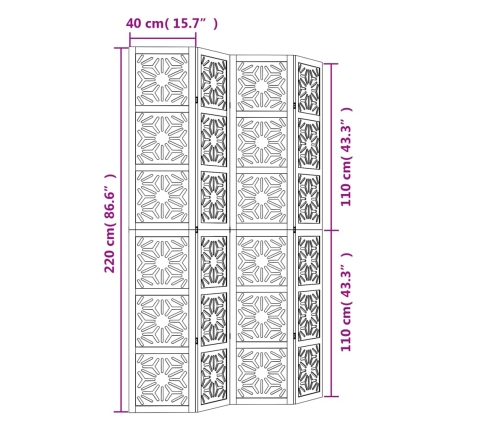 Biombo separador 4 paneles madera maciza Paulownia marrón negro