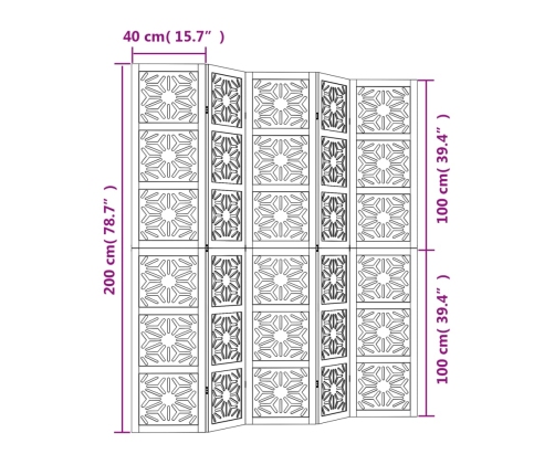 Biombo separador 5 paneles madera maciza Paulownia marrón negro