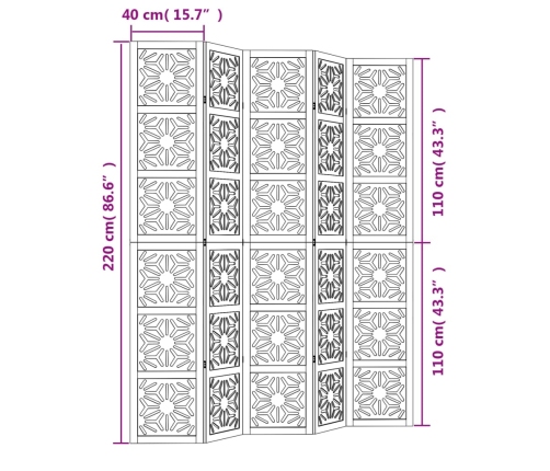 Biombo separador 5 paneles madera maciza Paulownia marrón negro