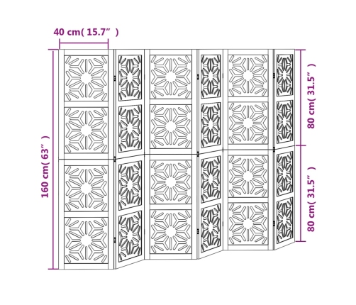 Biombo separador 6 paneles madera maciza Paulownia marrón negro