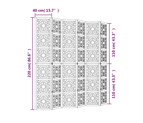 Biombo separador 6 paneles madera maciza Paulownia marrón negro