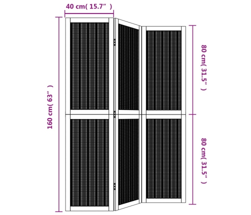 Biombo separador de 3 paneles madera maciza paulownia marrón