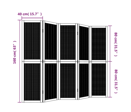 Biombo separador de 5 paneles madera maciza paulownia marrón