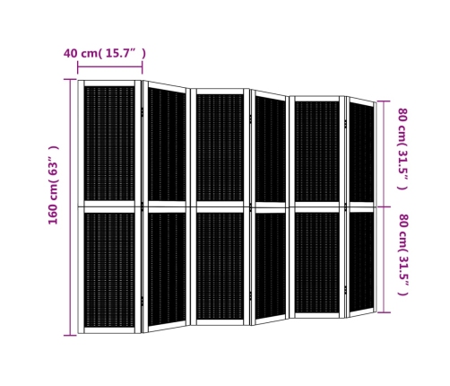 Biombo separador de 6 paneles madera maciza paulownia marrón