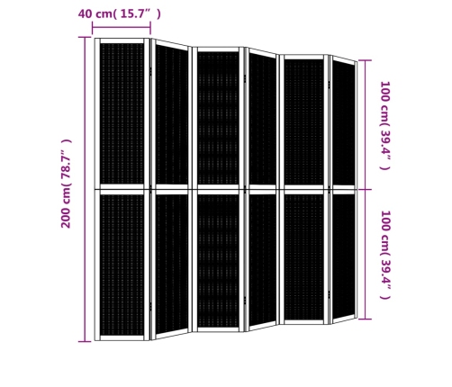 Biombo separador de 6 paneles madera maciza paulownia marrón