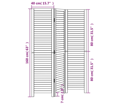 Biombo separador de 3 paneles madera maciza Paulownia blanco