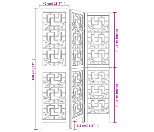 Biombo separador de 3 paneles madera maciza paulownia marrón