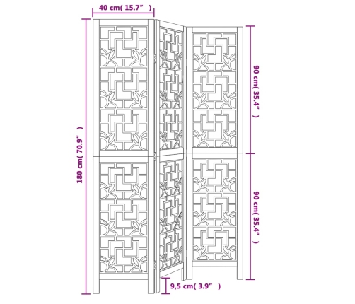 Biombo separador de 3 paneles madera maciza paulownia marrón