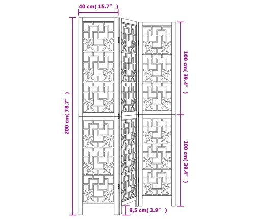 Biombo separador de 3 paneles madera maciza paulownia marrón