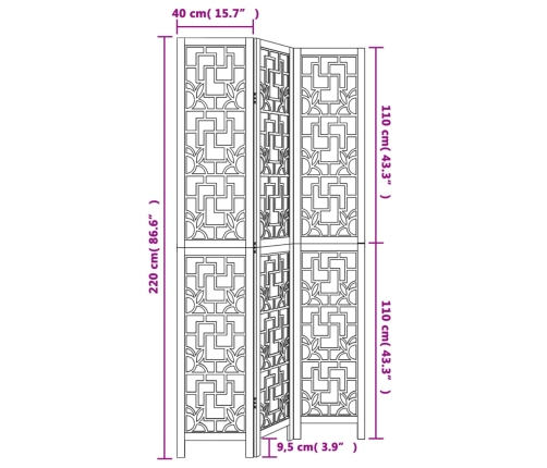 Biombo separador de 3 paneles madera maciza paulownia marrón