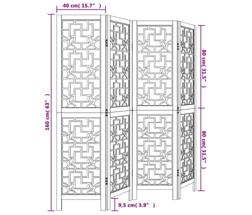 Biombo separador de 4 paneles madera maciza paulownia marrón