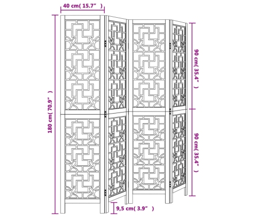 Biombo separador de 4 paneles madera maciza paulownia marrón