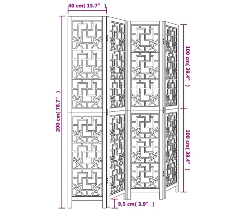 Biombo separador de 4 paneles madera maciza paulownia marrón