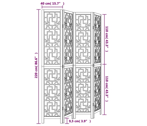 Biombo separador de 4 paneles madera maciza paulownia marrón