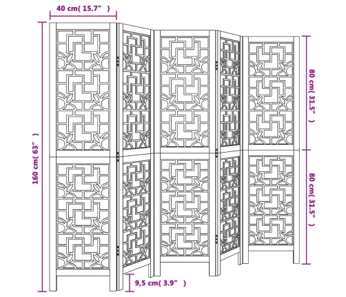 Biombo separador de 5 paneles madera maciza paulownia marrón