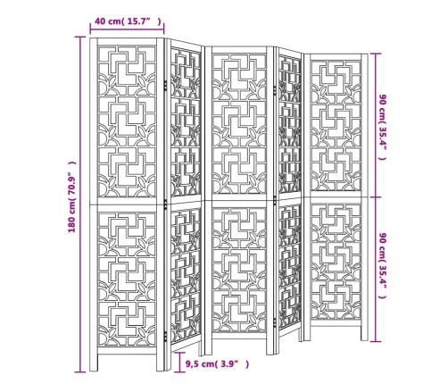 Biombo separador de 5 paneles madera maciza paulownia marrón