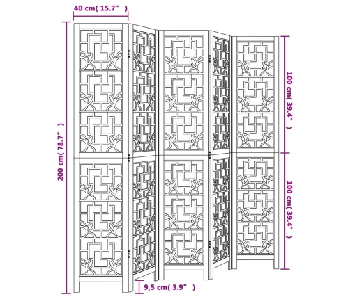 Biombo separador de 5 paneles madera maciza paulownia marrón