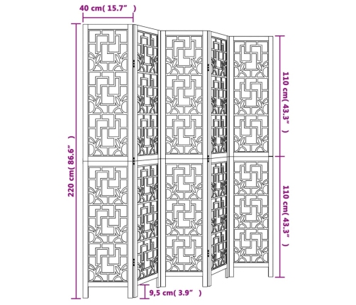 Biombo separador de 5 paneles madera maciza paulownia marrón