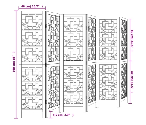 Biombo separador de 6 paneles madera maciza paulownia marrón