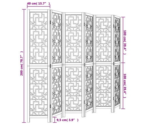 Biombo separador de 6 paneles madera maciza paulownia marrón