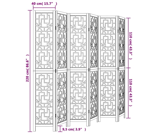 Biombo separador de 6 paneles madera maciza paulownia marrón