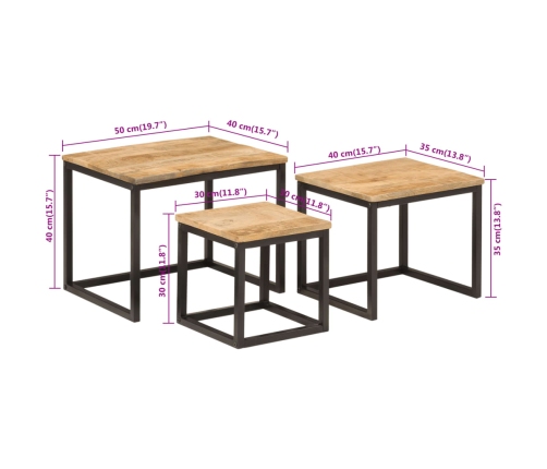 Mesas de centro apilables 3 pzas madera maciza mango y hierro