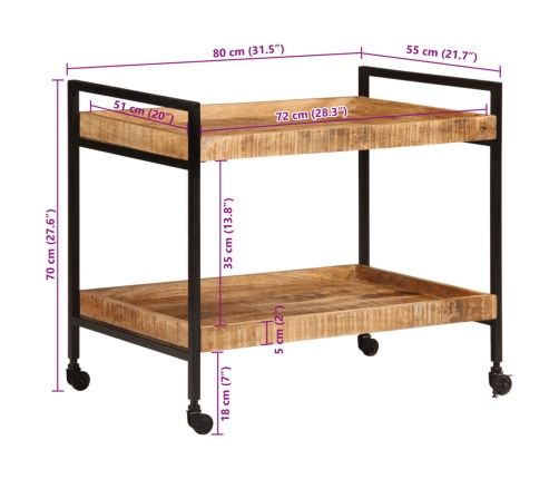 Carrito de cocina madera maciza de mango rugosa 80x55x70 cm