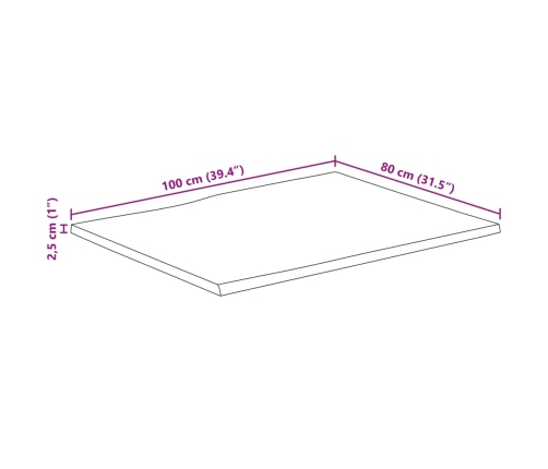 Tablero de mesa rectangular borde natural acacia 100x80x2,5 cm