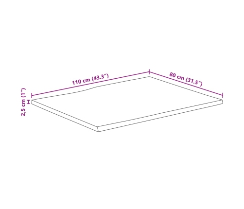 Tablero de mesa rectangular borde natural acacia 110x80x2,5 cm