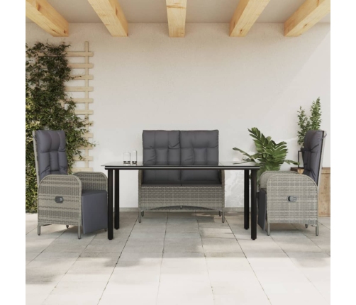 Juego de comedor de jardín 4 piezas con cojines ratán PE gris