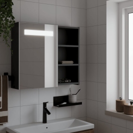 Mueble de baño con espejo y luz LED negro 60x13x52 cm