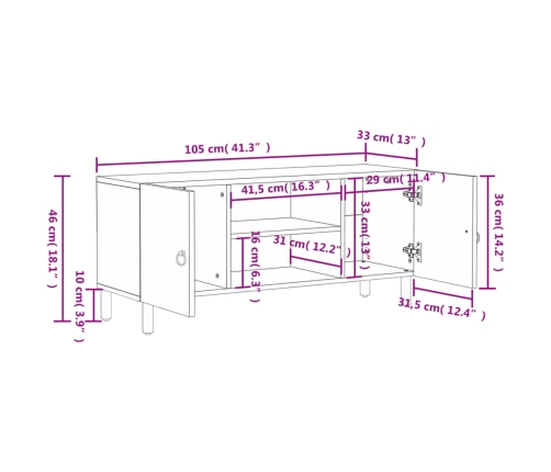 Mueble de TV madera maciza de mango 105x33x46 cm