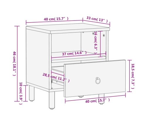 Mesita de noche de madera maciza de mango 40x33x46 cm