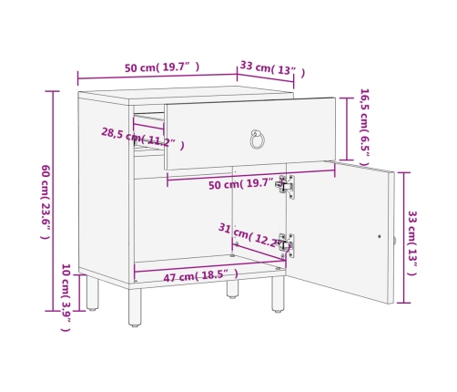 Mesita de noche madera maciza de mango 50x33x60 cm